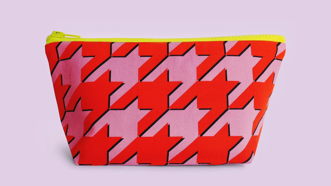 Red & Pink Houndstooth  Print Make up Pouch